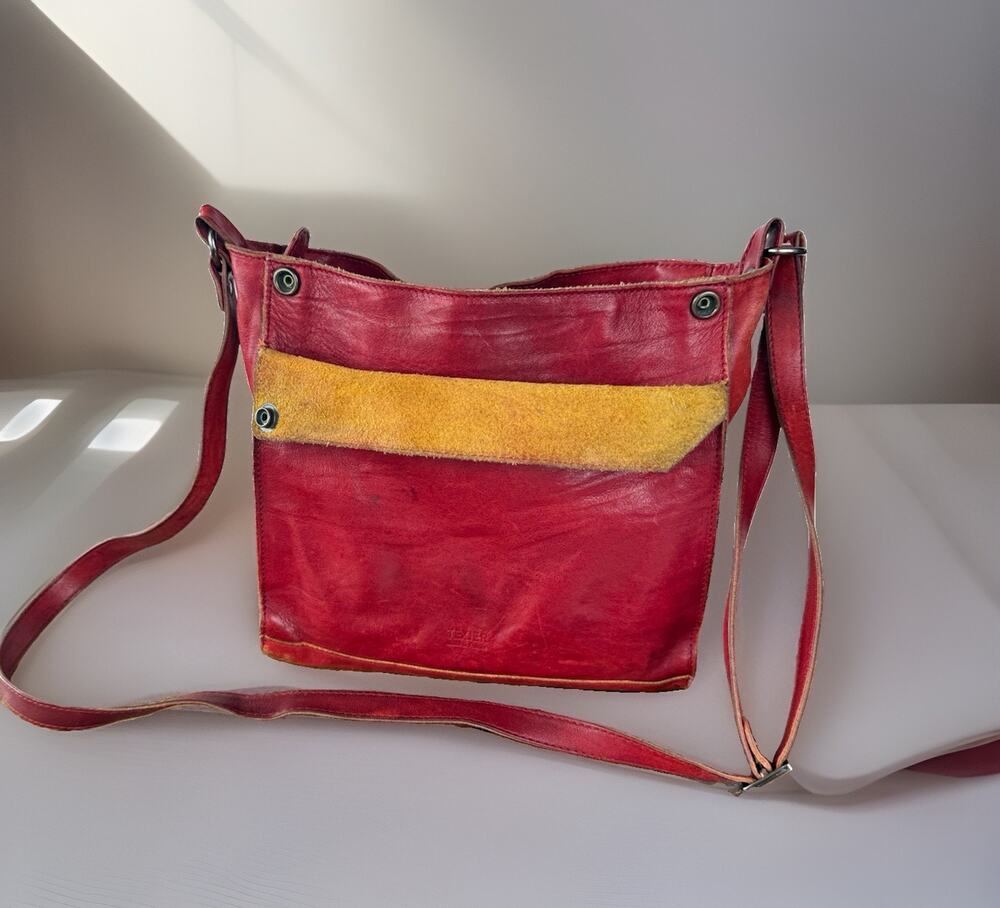 Texier Made in France Red Leather Suede Crossbody Shoulder Bag Boho Purse
